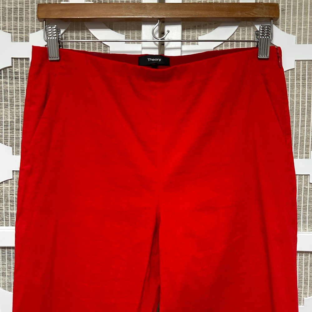 Theory Red Linen Blend Cigarette Pants Womens 2 Red Holiday Office Stretch Chic - Picture 2 of 12